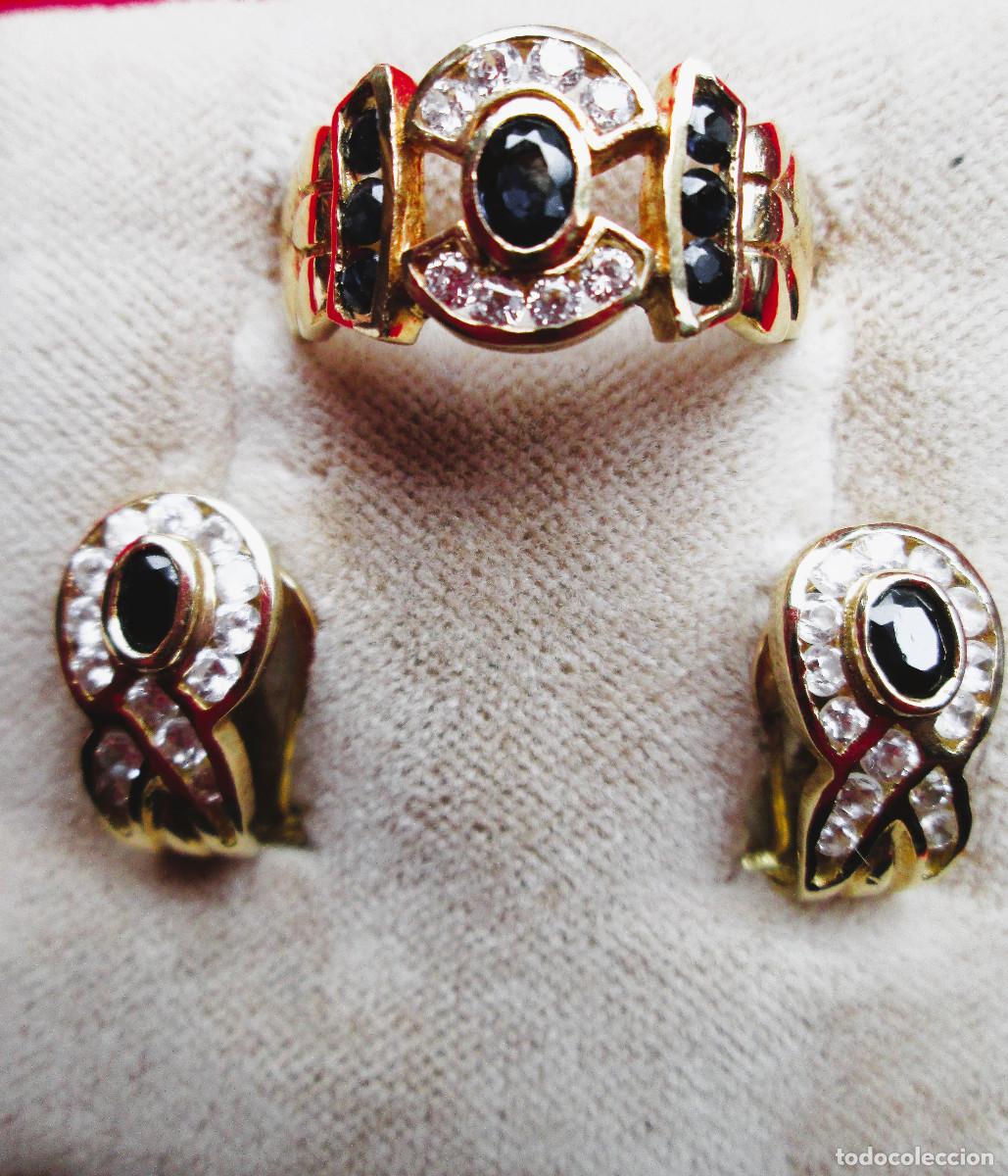 Gioielleria: CONJUNTO PENDIENTES Y ANILLO ORO 18 K. DORADO CON CIRCONITAS Y ZAFIROS - SIN ESTRENAR -