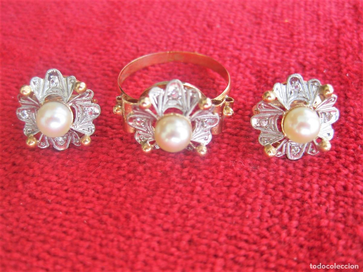 Gioielleria: ANTIGUO CONJUNTO PENDIENTES Y ANILLO ORO 18 KLTS. BICOLOR CON PERLAS - SIN ESTRENAR -