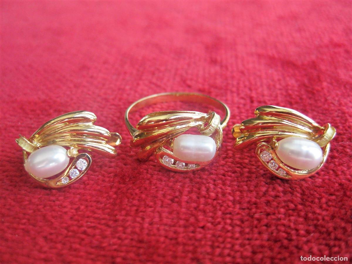Gioielleria: CONJUNTO PENDIENTES Y ANILLO ORO 18 KLTS. CON CIRCONITAS Y PERLAS - SIN ESTRENAR -