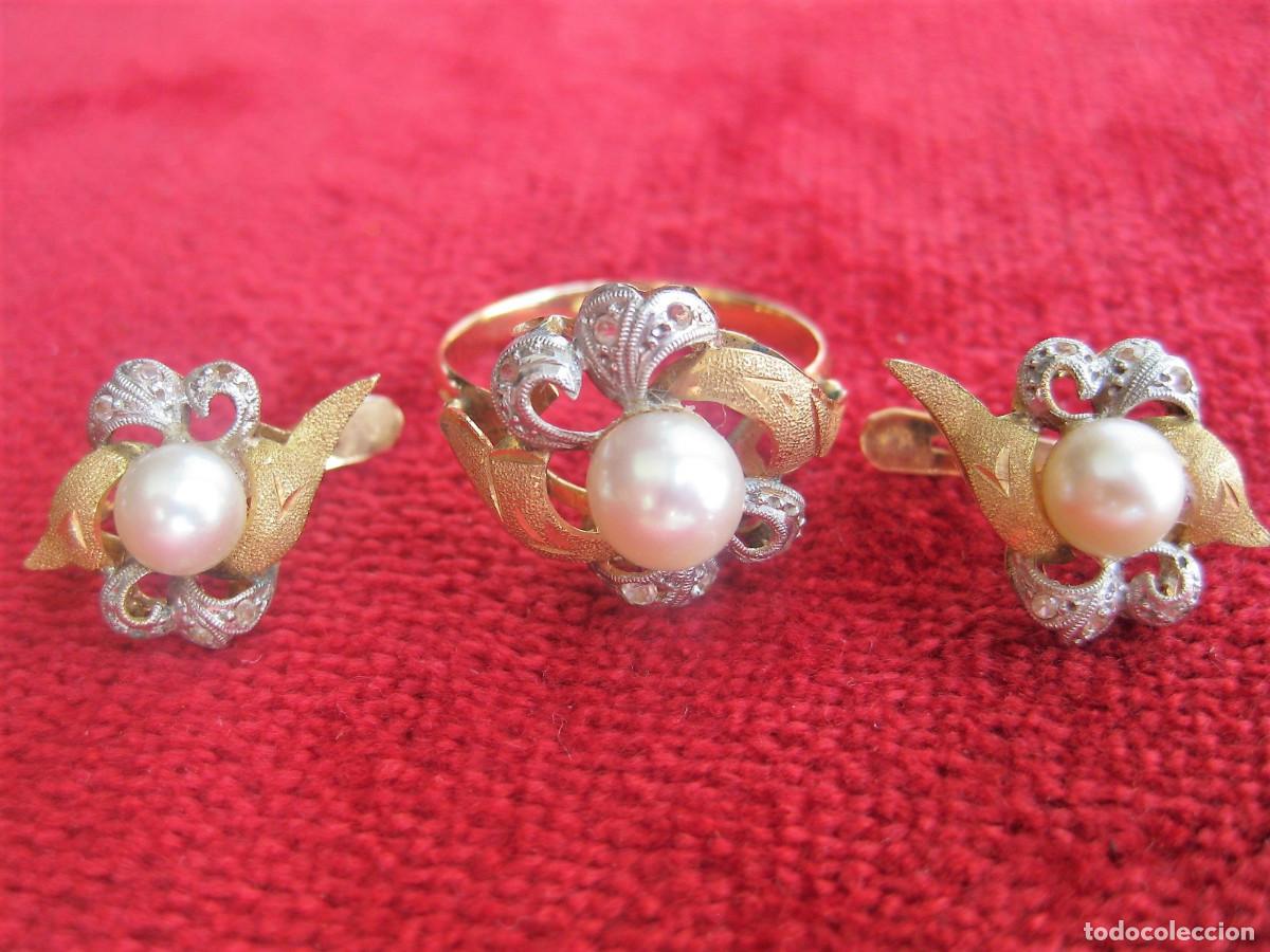 Gioielleria: ANTIGUO CONJUNTO PENDIENTES Y ANILLO ORO 18 KLTS. BICOLOR CON PERLAS - SIN ESTRENAR -