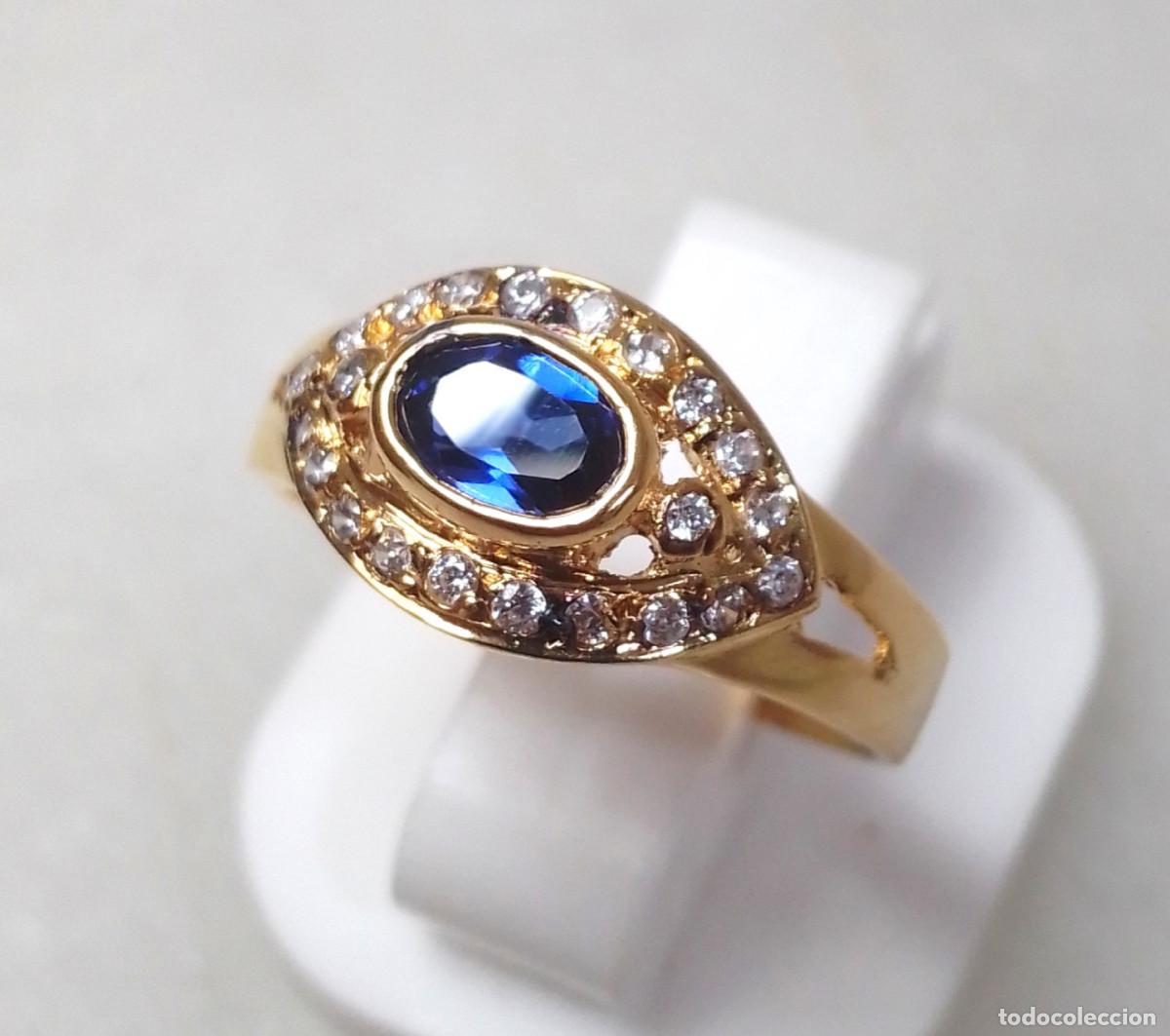 Joyeria: Anillo vintage de plata de ley ba&ntilde;ado en oro con zafiro aut&eacute;ntico y circonitas - Talla 16
