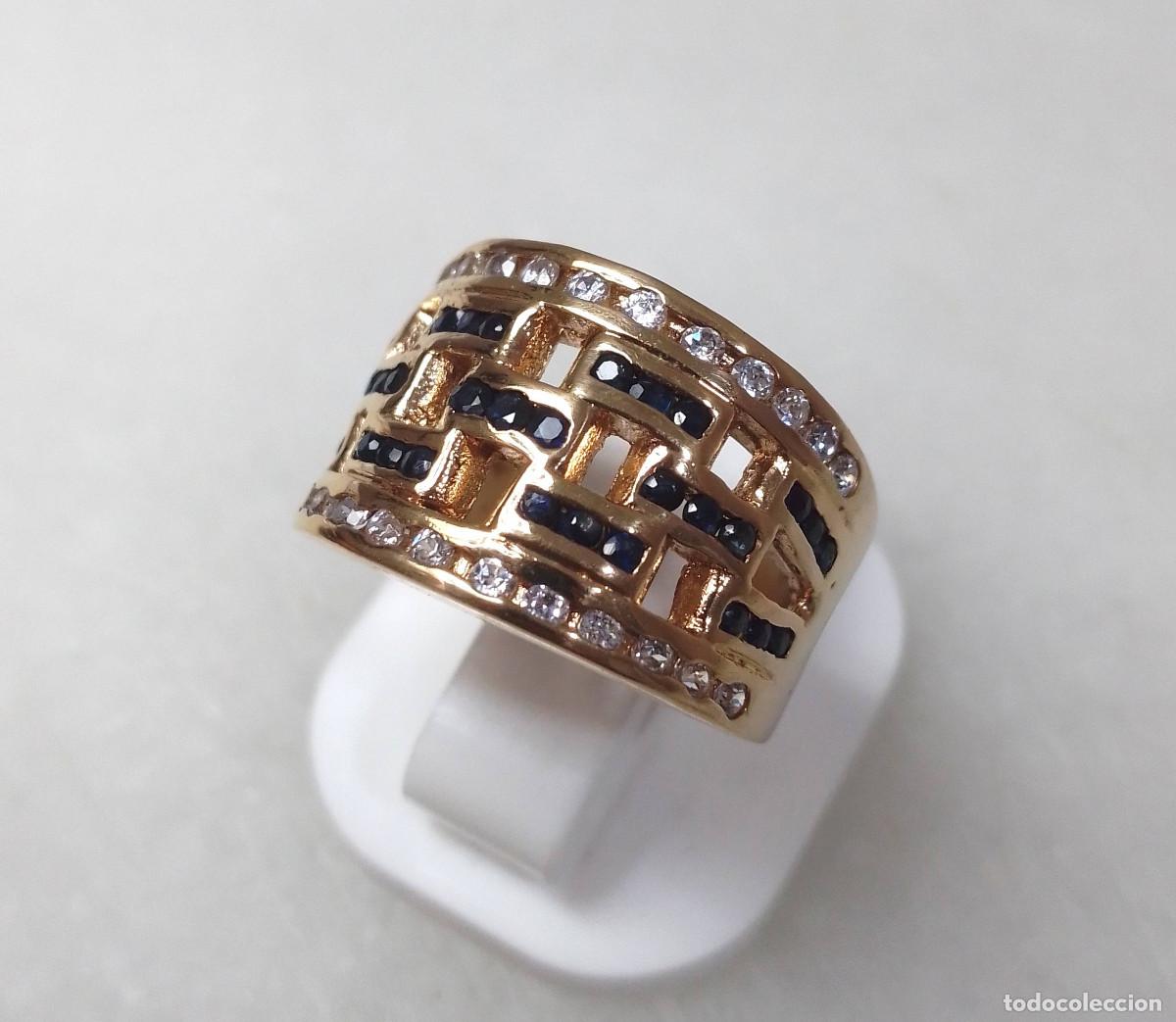 Joyeria: Anillo vintage de plata de ley ba&ntilde;ado en oro, con zafiro aut&eacute;ntico y circonitas - Talla 15