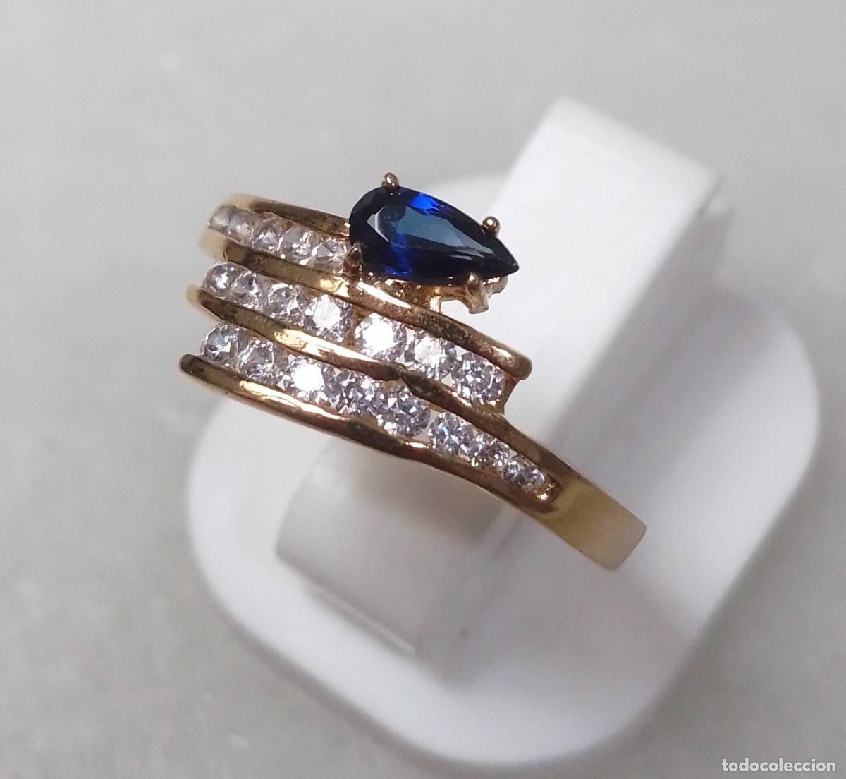 Joyeria: Anillo vintage de plata de ley ba&ntilde;ado en oro, con zafiro aut&eacute;ntico y circonitas - Talla 16