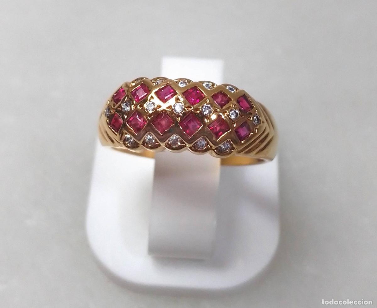 Joyeria: Anillo vintage de plata de ley ba&ntilde;ado en oro, con rub&iacute; aut&eacute;ntico y circonitas - Talla 13