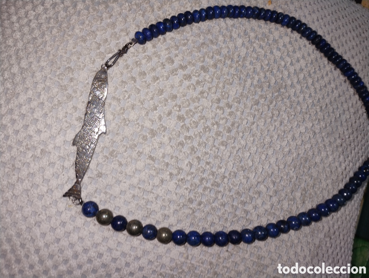 Joyeria: Collar largo, vintage piedra lapisl&aacute;zuli y plata con pez