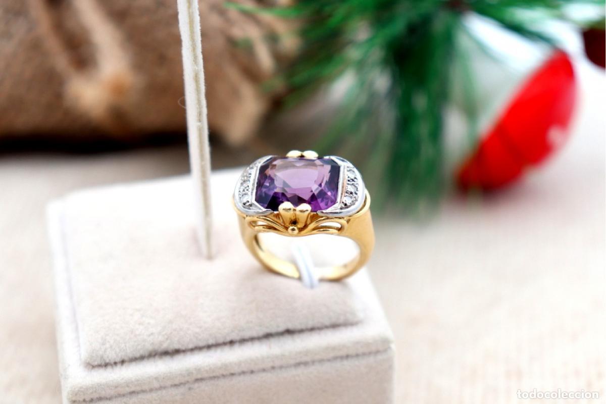 Gioielleria: Anillo de oro de 18 quilates con diamantes y amatista