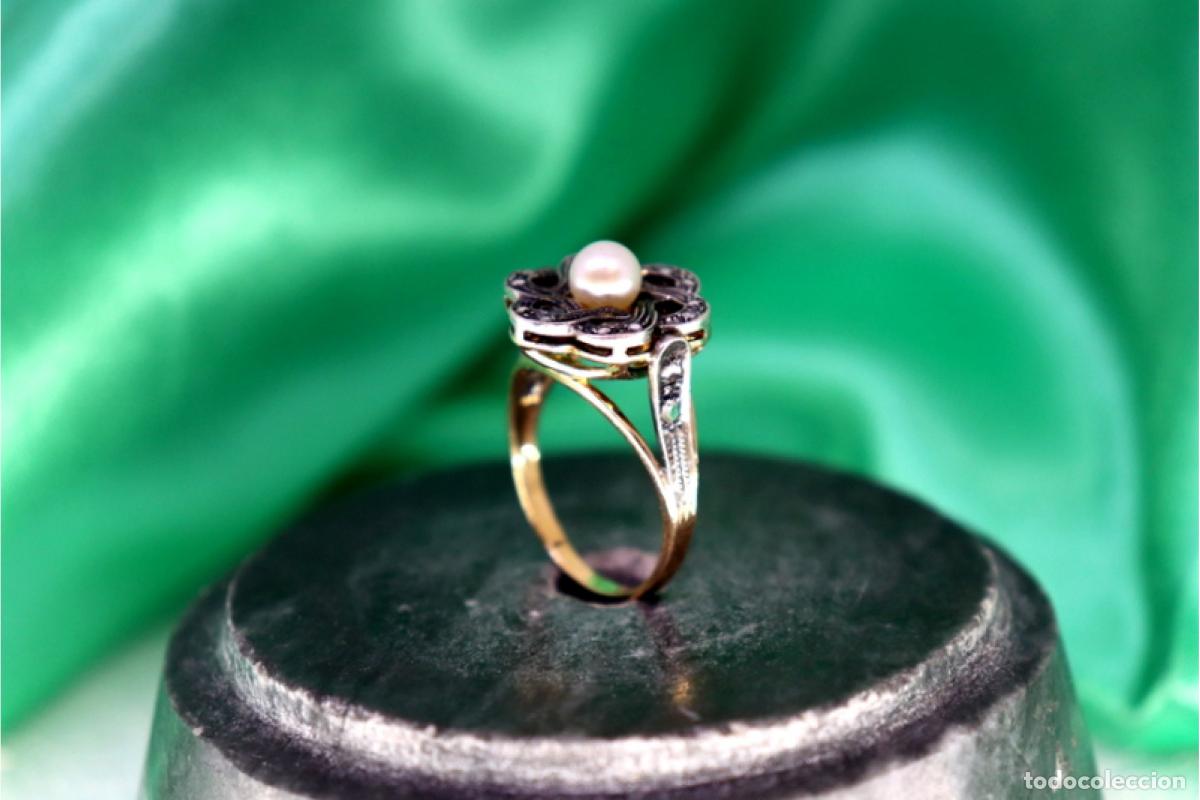 Joyeria: Anillo de oro y plata de 19,2K con diamantes y perla. - Foto 6