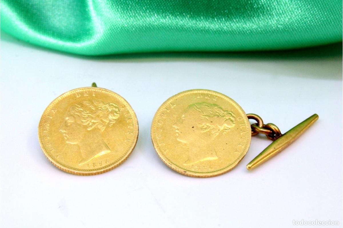 Joalheria: Gemelos de oro de 22 quilates con moneda de media libra de la Reina Victoria