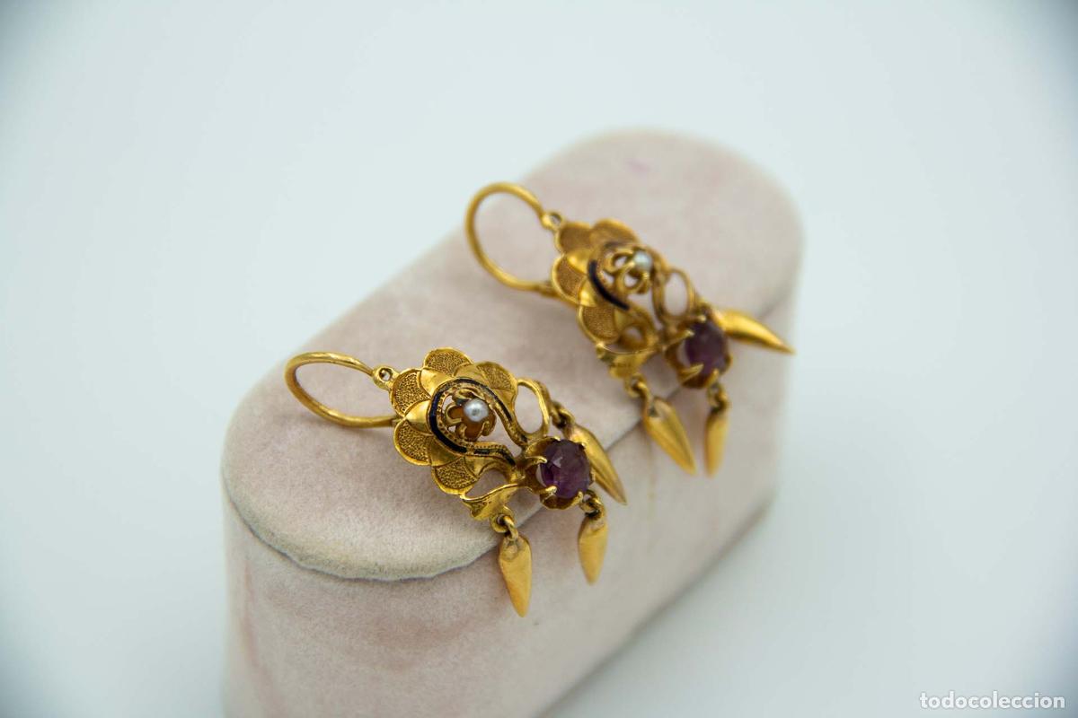 Joyeria: Pendientes en oro de 19,2K con amatistas y perlas. - Foto 2