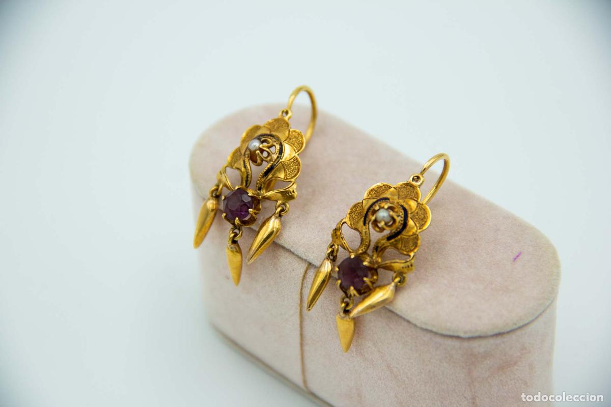 Joyeria: Pendientes en oro de 19,2K con amatistas y perlas. - Foto 3