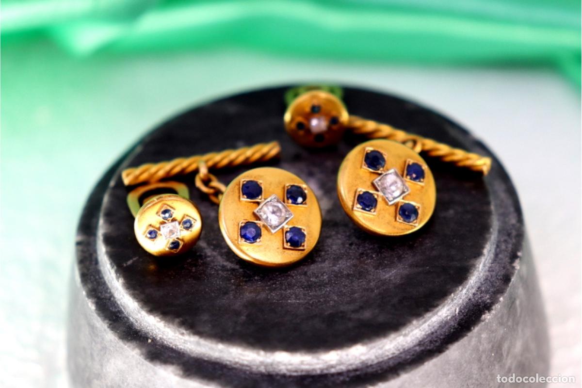 Joyeria: Gemelos de oro de 19,2K con zafiros y espinelas. - Foto 2