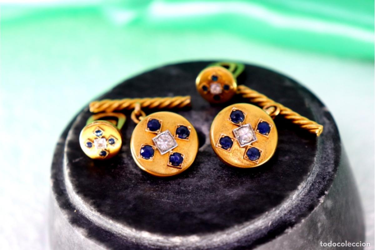 Joyeria: Gemelos de oro de 19,2K con zafiros y espinelas. - Foto 5