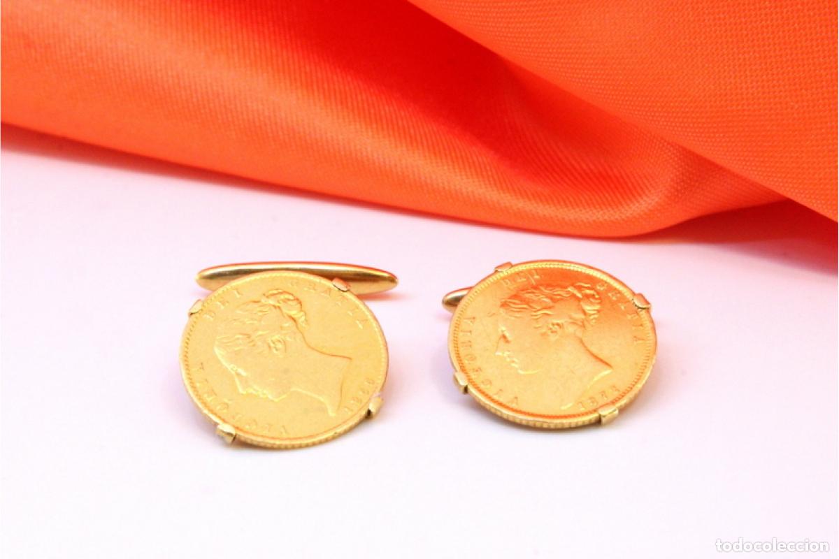 Joalheria: Gemelos de oro de 22 quilates con moneda de media libra de la Reina Victoria