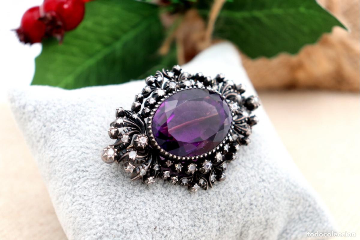 Jewelry: Broche de oro de 19,2 quilates con diamantes y amatista