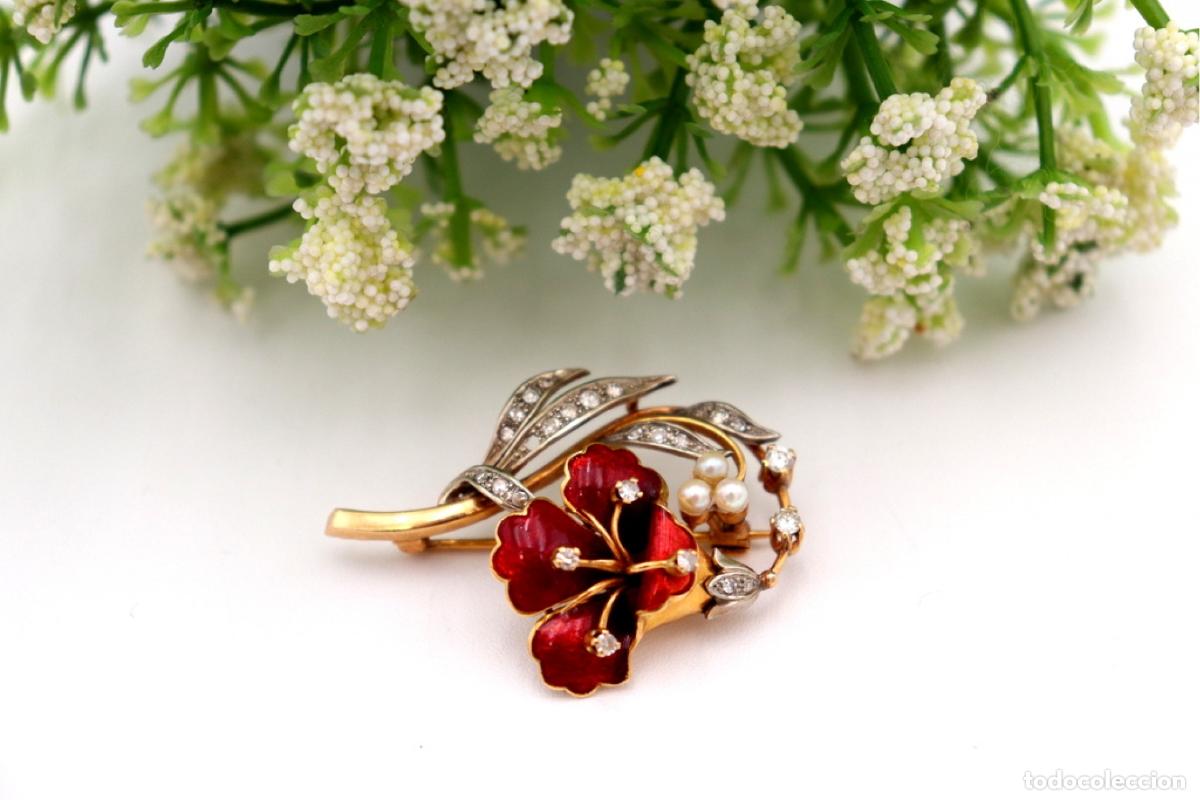 Joyeria: Broche de oro de 19,2 quilates con diamantes y perlas - Foto 2