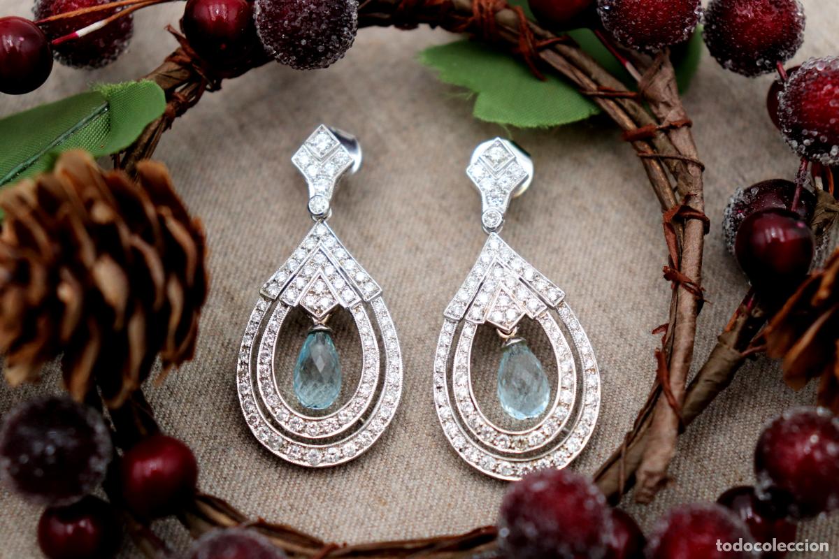 Joyeria: Pendientes en oro de 19,2K con diamantes y aguamarinas.