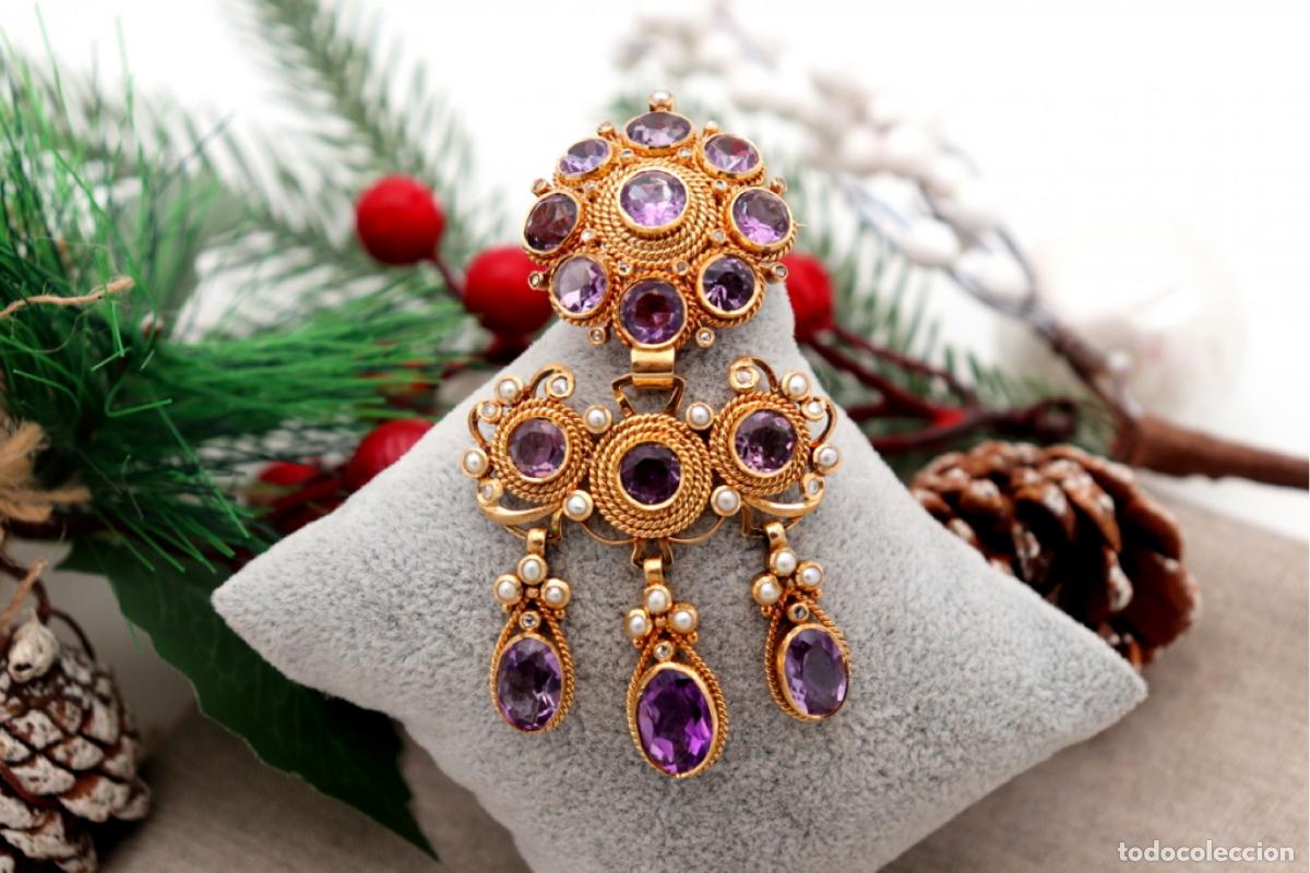 Joaillerie: Broche de Oro de 19,2K con perlas y amatistas