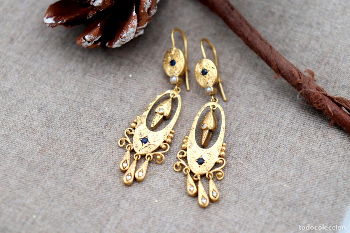 Gioielleria: Pendientes en oro de 19,2K con diamantes, perlas y zafiros australianos.