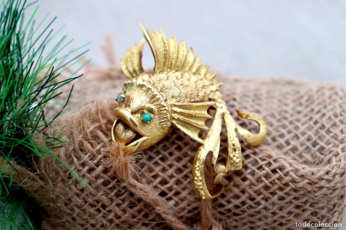 Joyeria: Broche de oro de 19,2 quilates con turquesa - Pez - Foto 4