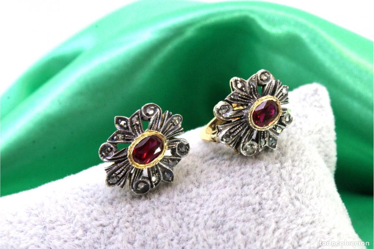 Gioielleria: Pendientes en oro y plata de 19,2K con diamantes y rub&iacute;es.