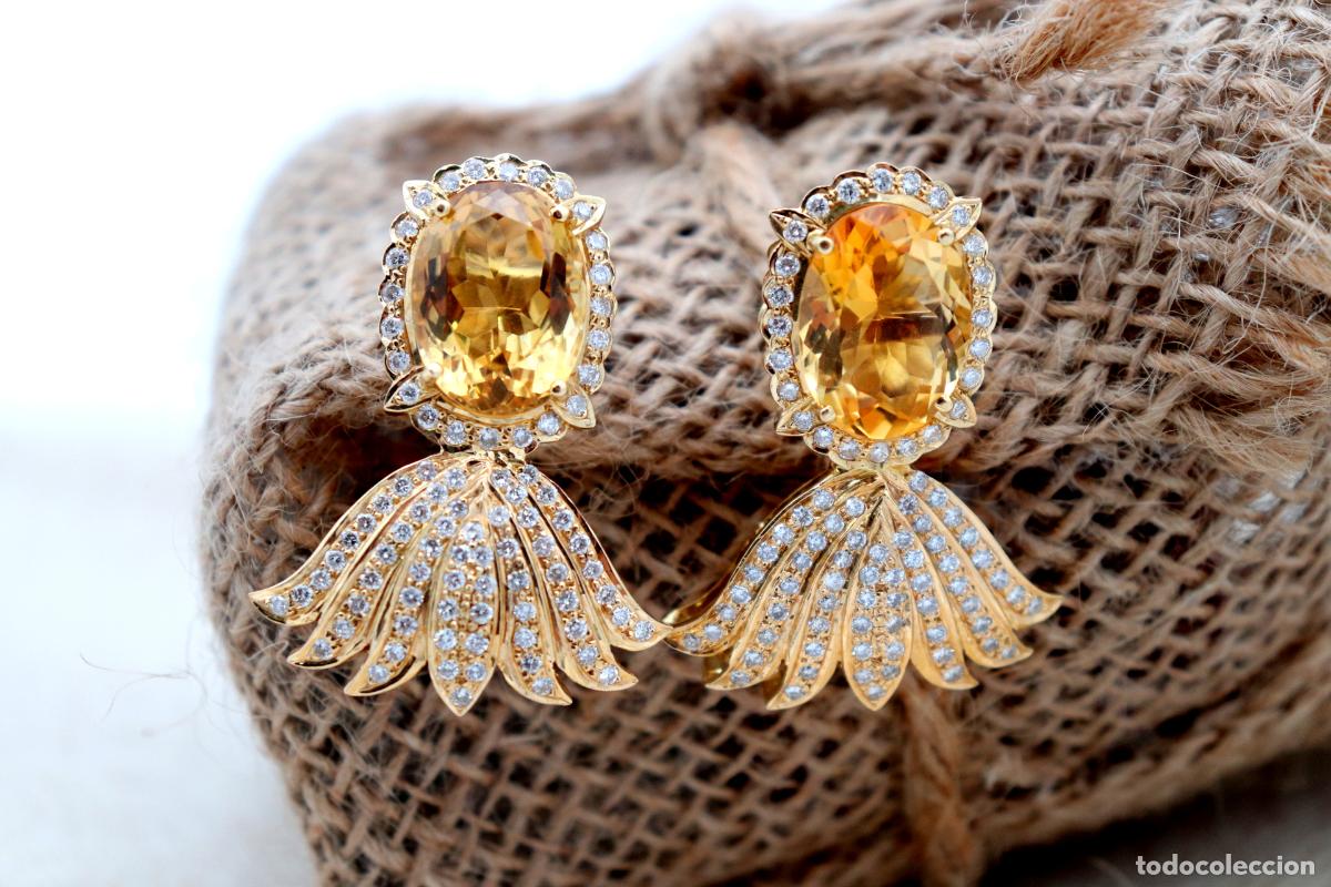 Joalharia: Pendientes de oro con diamantes y piedras citrinas.