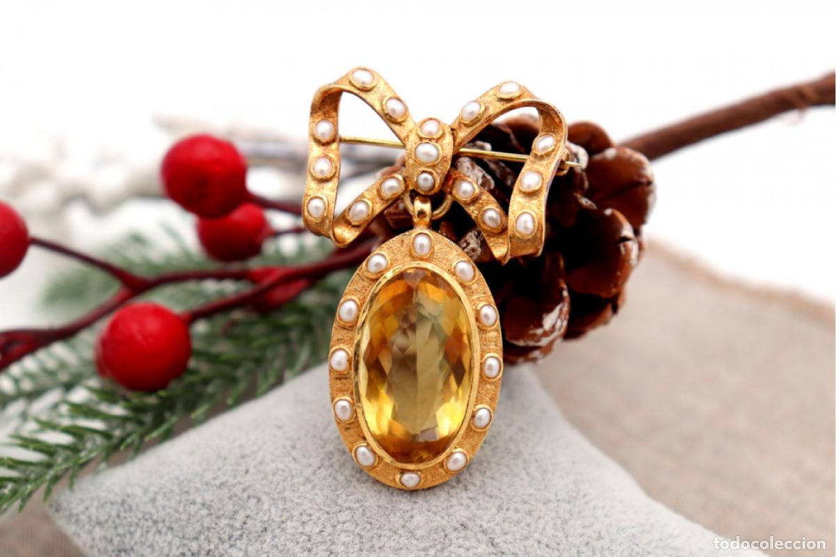 Joyeria: Broche de Oro de 18 quilates con Perlas y Citrino - Lazo