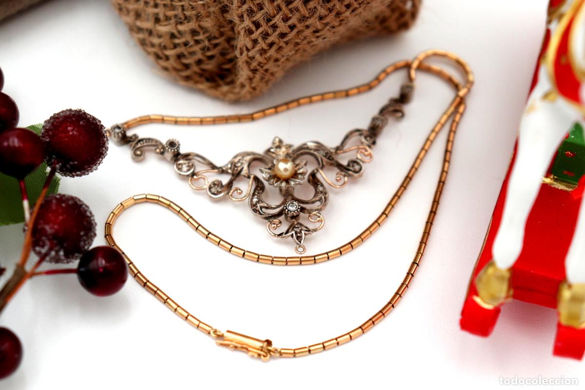 Jewelry: Collar en oro y plata de 19,2K con perla y diamantes.