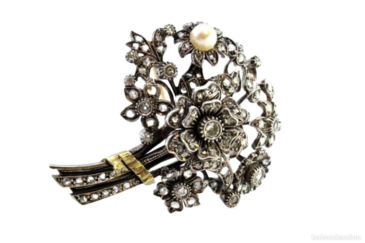 Joyeria: Broche de oro y plata de 18 quilates con diamantes y perla - Rama de flores