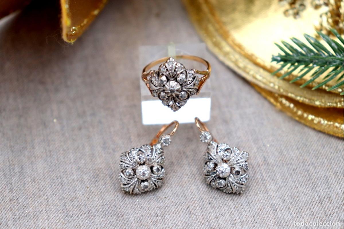 Schmuck: Conjunto de anillo y pendientes en oro y plata de 19,2K con diamantes.