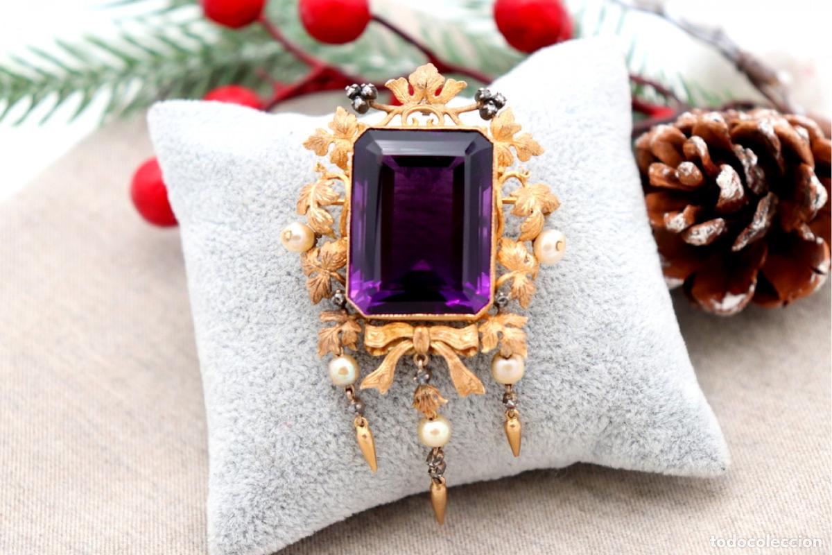 Joaillerie: Broche de Oro de 19,2K con amatistas, perlas y diamantes