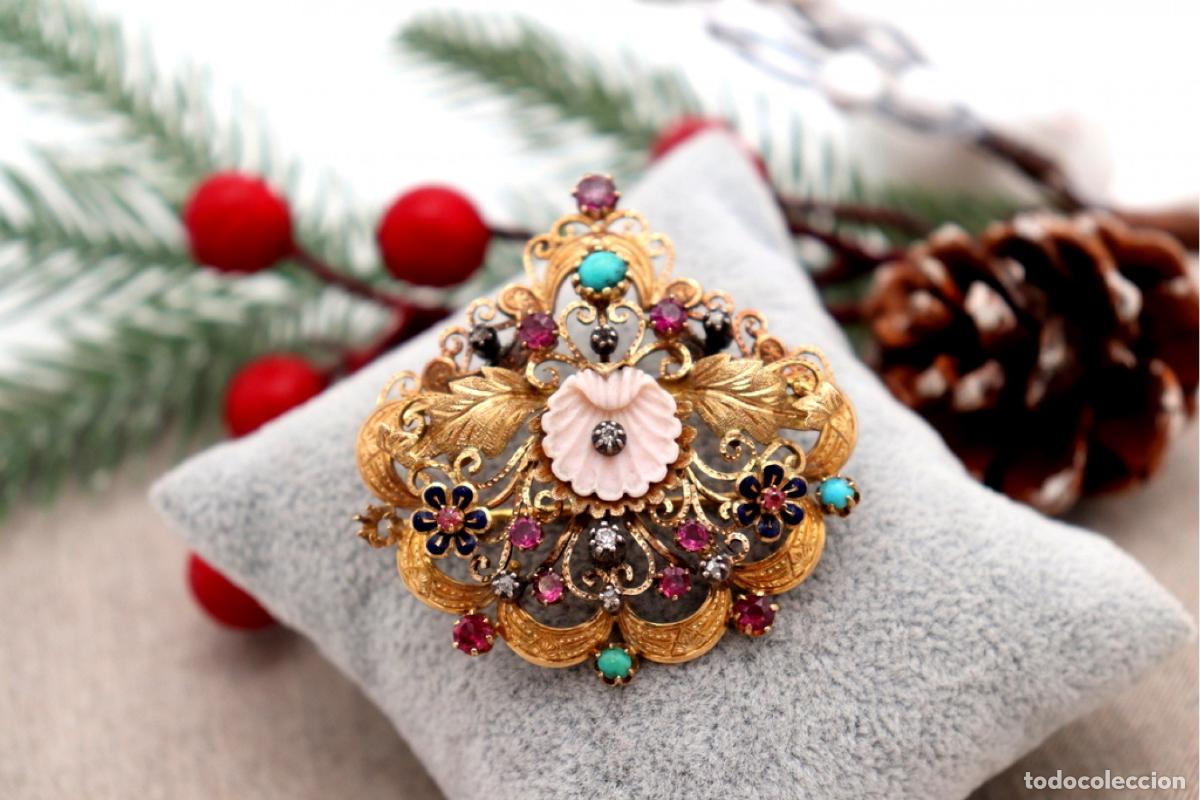 Joaillerie: Broche de oro de 19,2 quilates con diamantes amatista y turquesa