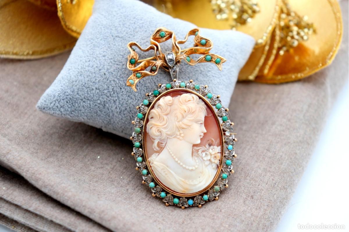Joalharia: Broche de oro de 19,2 quilates con diamantes y turquesa - Camafeo inclinado