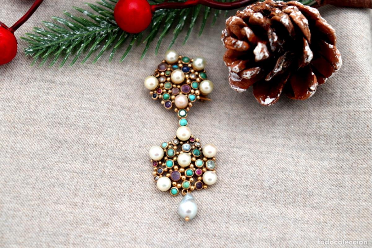 Joyeria: Broche de Oro de 19,2K con turquesas, perlas y diamantes - Foto 4