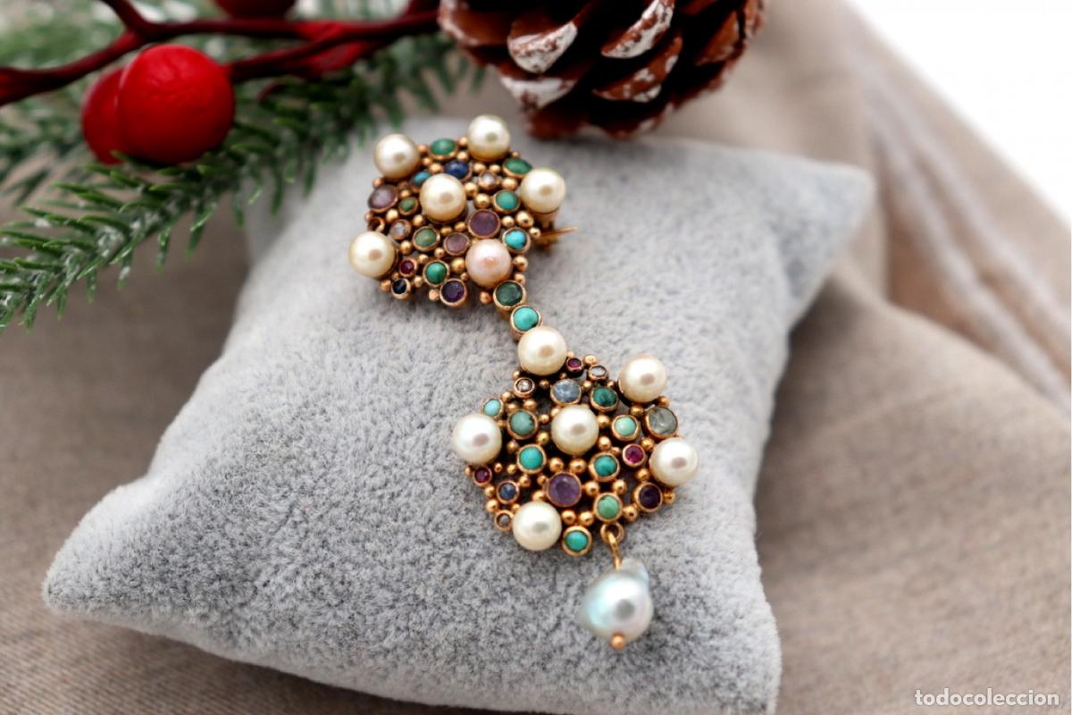 Joyeria: Broche de Oro de 19,2K con turquesas, perlas y diamantes - Foto 1