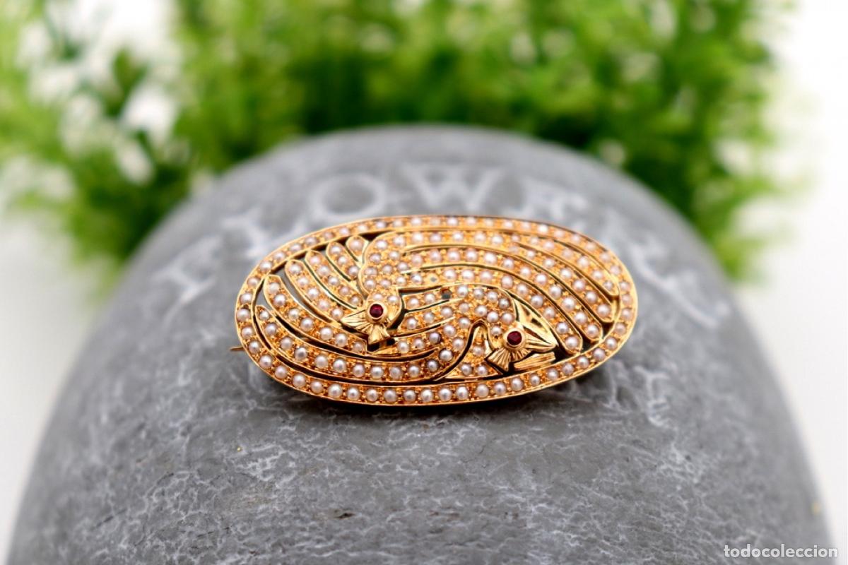 Joyeria: Broche de oro de 19,2 quilates con perlas y rub&iacute;es - Foto 1