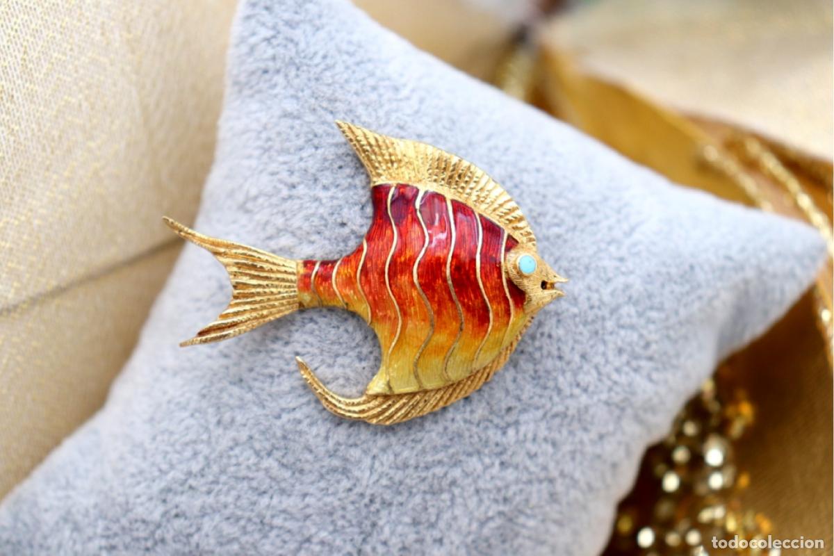 Joyeria: Broche de oro de 19,2 quilates con turquesa - Pez - Foto 1