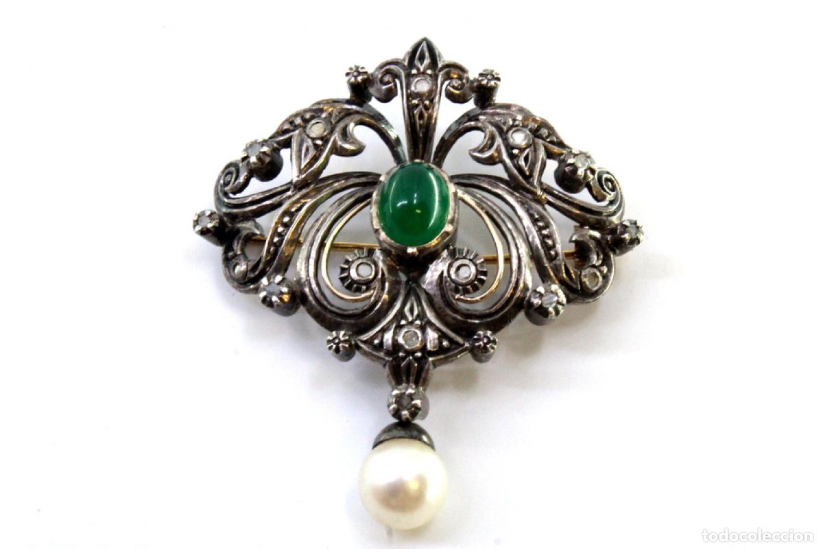 Joyeria: Broche en oro y plata de 19,2K con diamantes y perla. - Foto 3
