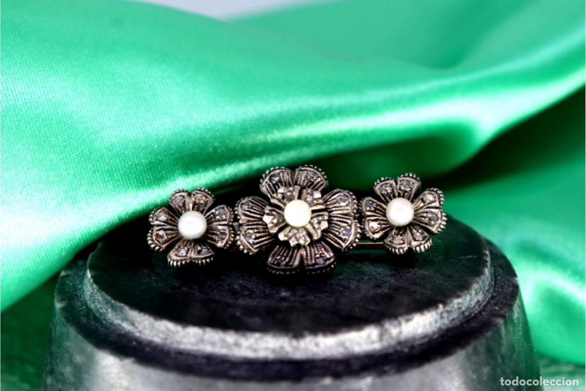 Joyeria: Broche en oro y plata de 19,2K con diamantes y perlas - Flores