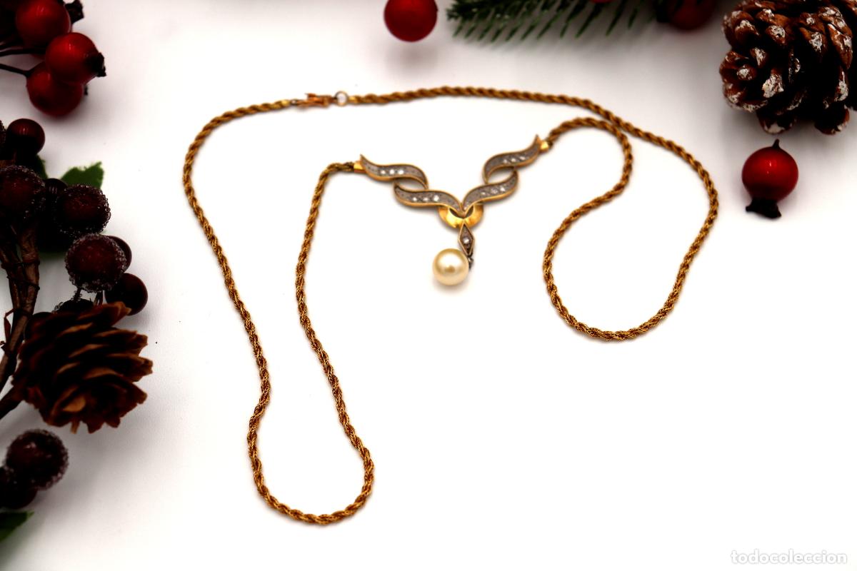 Joyeria: Collar de oro y plata de 18 quilates con perla y diamantes. - Foto 2