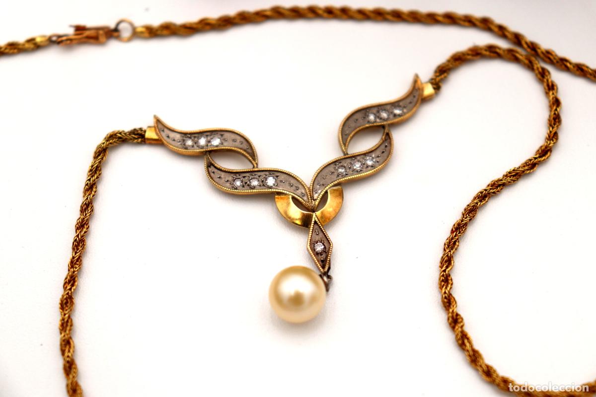 Joyeria: Collar de oro y plata de 18 quilates con perla y diamantes. - Foto 5