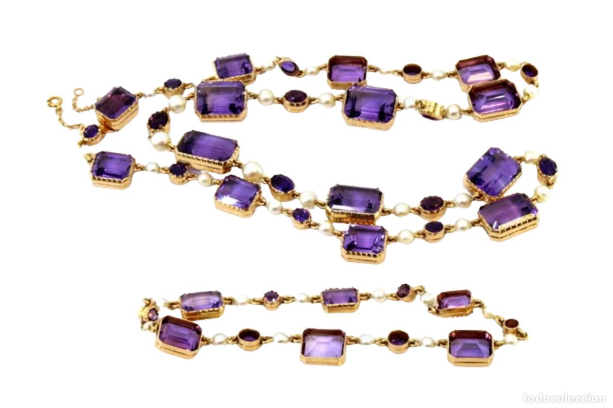 Schmuck: Conjunto de pulsera y collar en oro de 19,2K con perlas y amatistas.