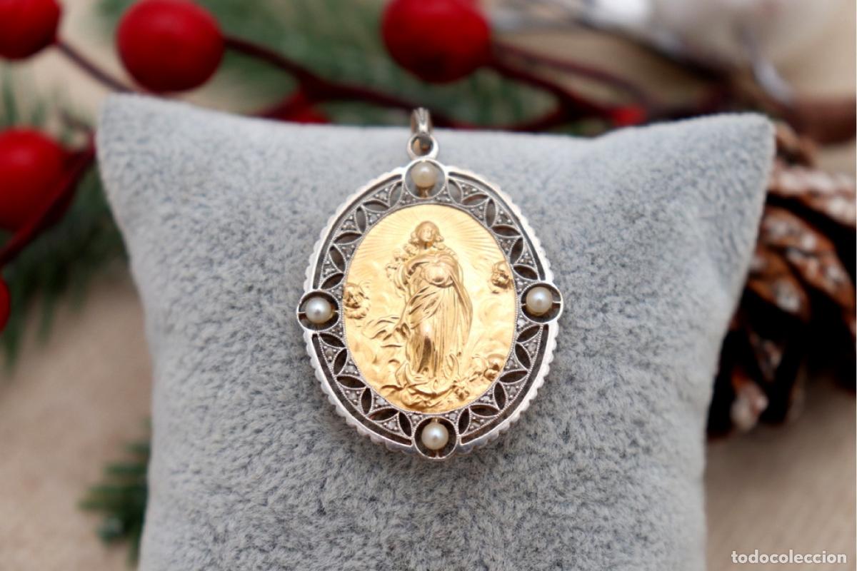 Jewelry: Colgante de oro bicolor de 19,2 quilates con perlas y diamantes - Nuestra Se&ntilde;ora de la Inmaculada Co