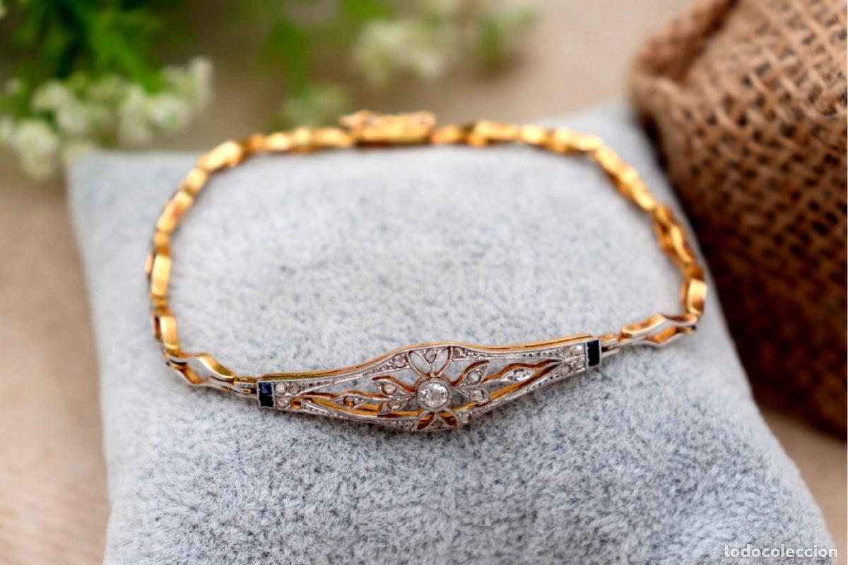 Joalharia: Pulsera en oro de 19,2K y platino con diamantes y zafiros.