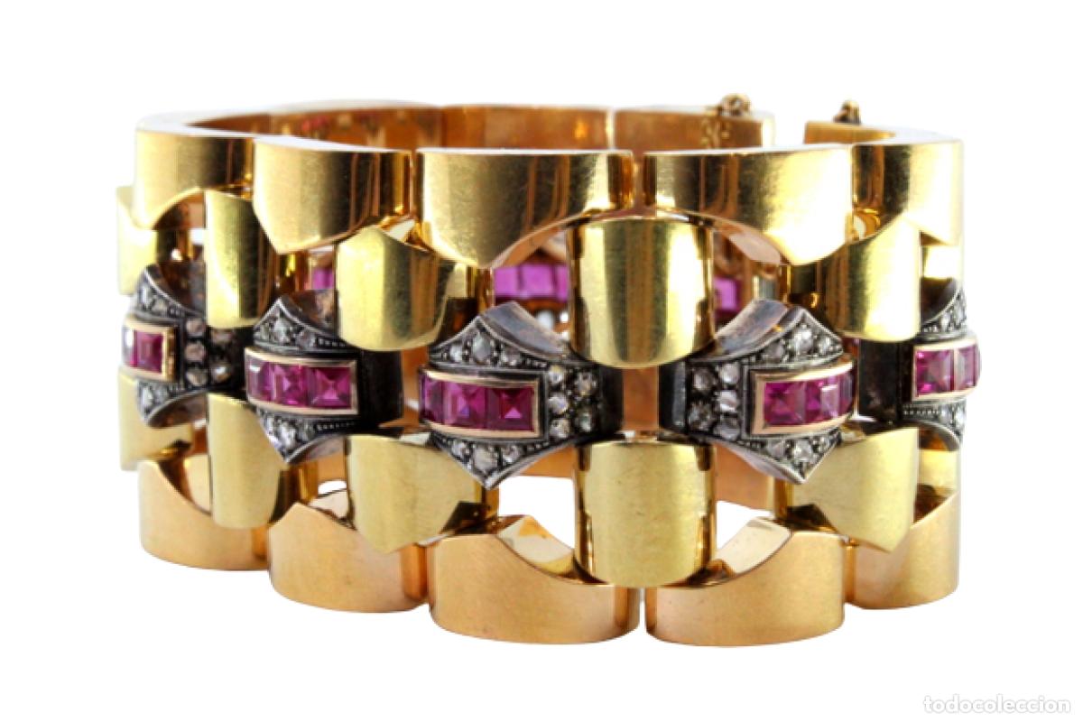 Joyeria: Pulsera de oro y plata de 19,2 quilates con diamantes y rub&iacute;es - Art D&eacute;co