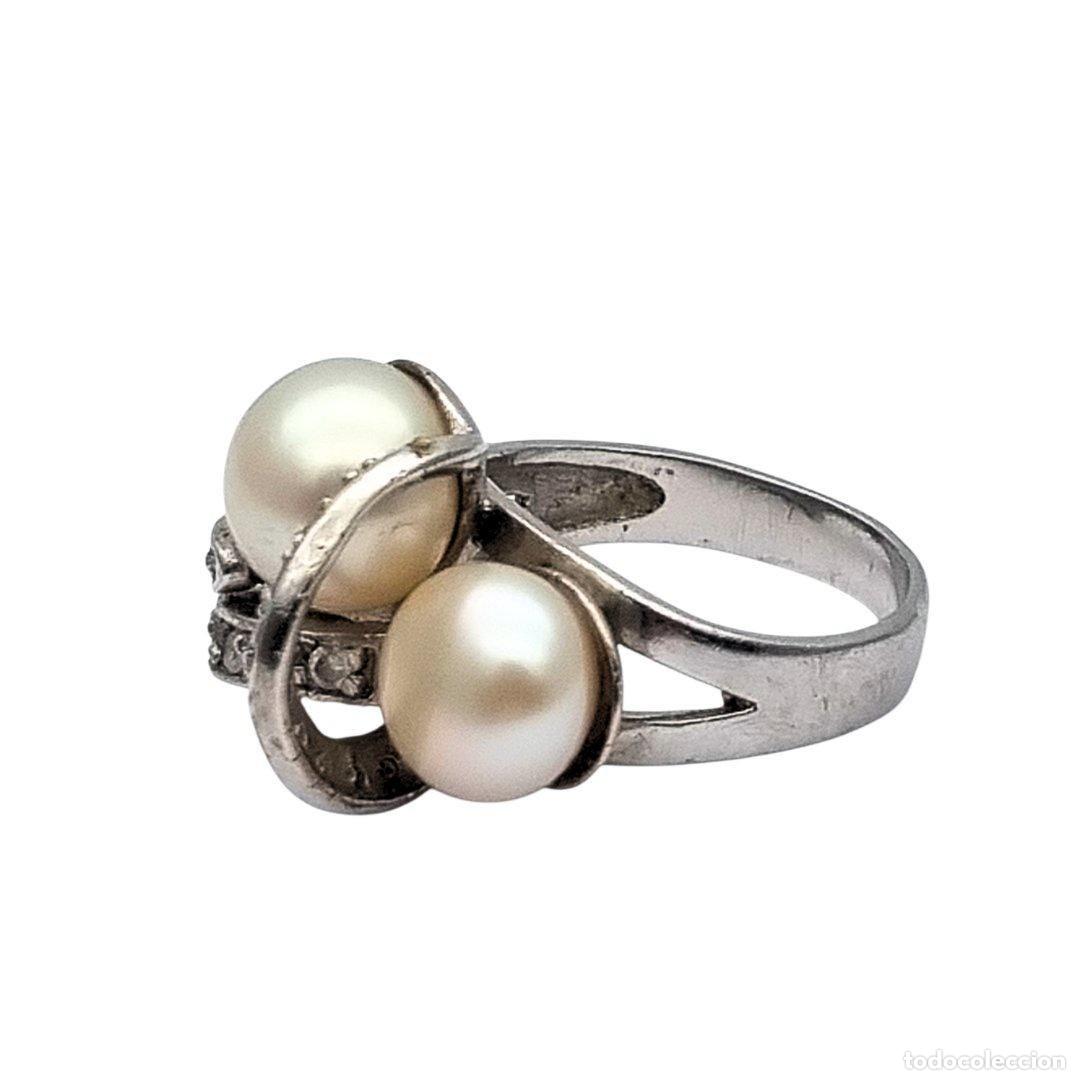 Joyeria: Anillo vintage de plata 925 con perlas y circonitas circa 1980-90