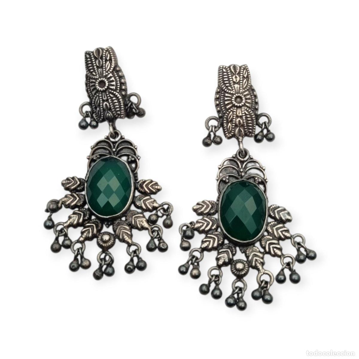 Joyeria: Pendientes Boho largos de plata y calcedonia verde estilo &eacute;tnico, a&ntilde;os 80-90