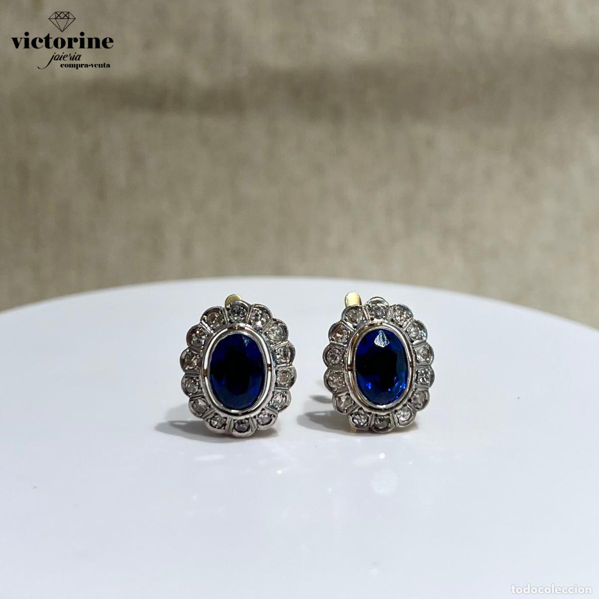 Joyeria: Pendientes antiguos a&ntilde;os 1900 de zafiros Auguste Verneuil y diamantes. Oro 18k y platino.