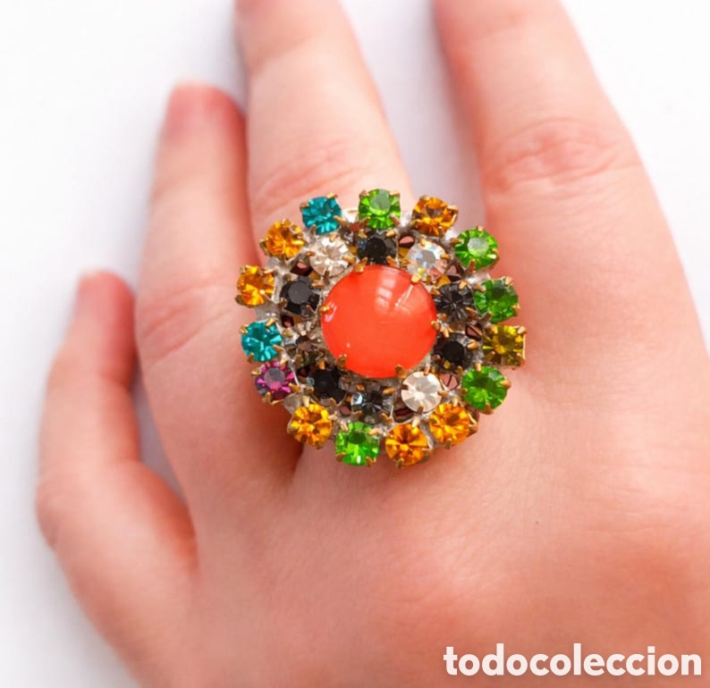 Joyeria: Anillo Art D&eacute;co vintage &ndash; Bot&oacute;n antiguo de cristal de Bohemia &ndash; Anillo grande ajustable &ndash; Pieza &uacute;nic