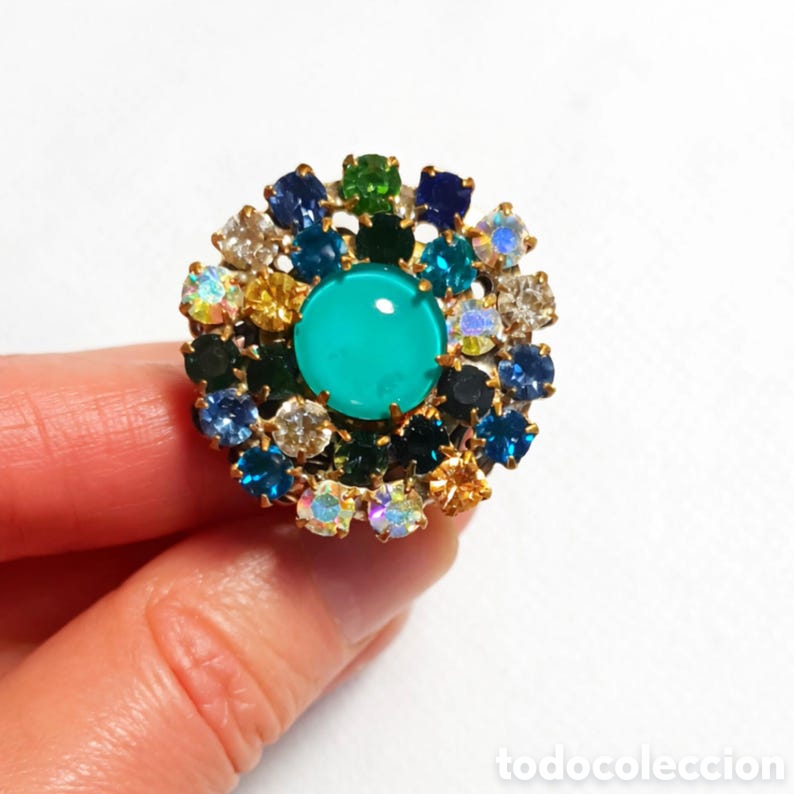 Joyeria: Anillo Art D&eacute;co vintage &ndash; Bot&oacute;n antiguo de cristal de Bohemia &ndash; Anillo grande ajustable