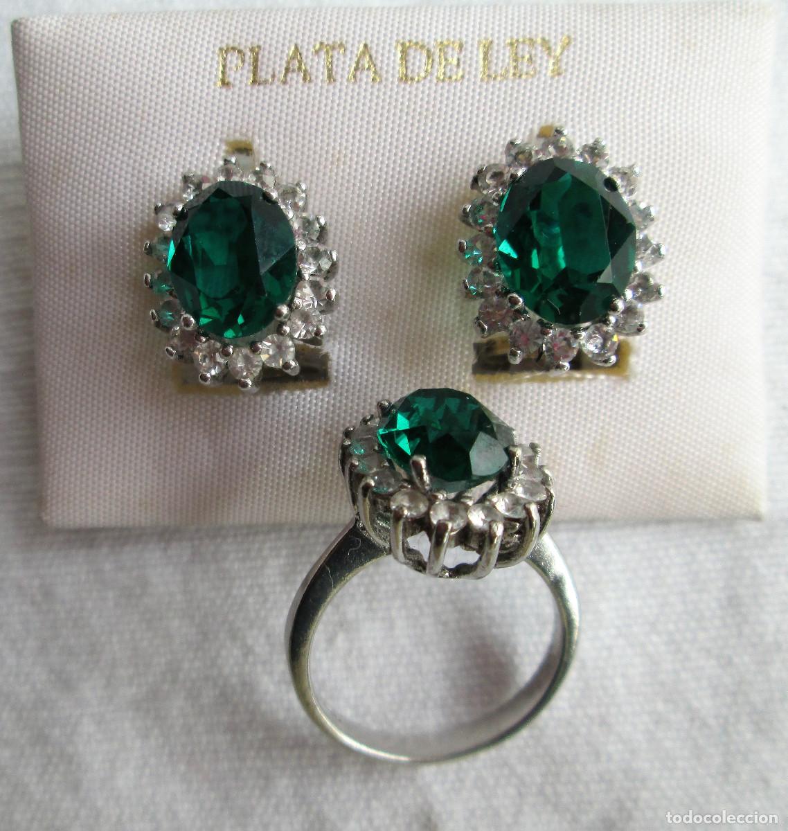 Joyeria: CONJUNTO PENDIENTES Y ANILLO DE PLATA DE LEY PUNZONADOS CON CIRCONITAS Y PIEDRAS COLOR ZAFIROS BISEL